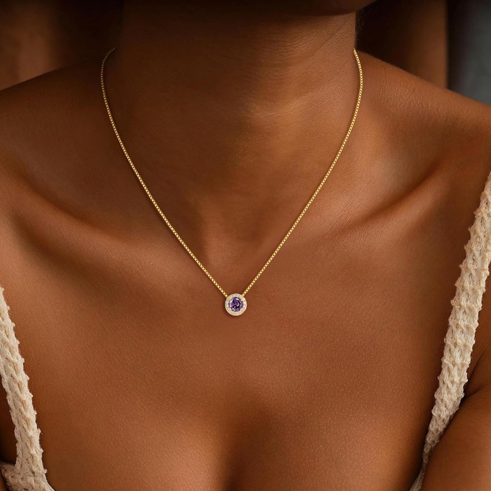 Gold Necklace with Purple February Birthstone Pendant